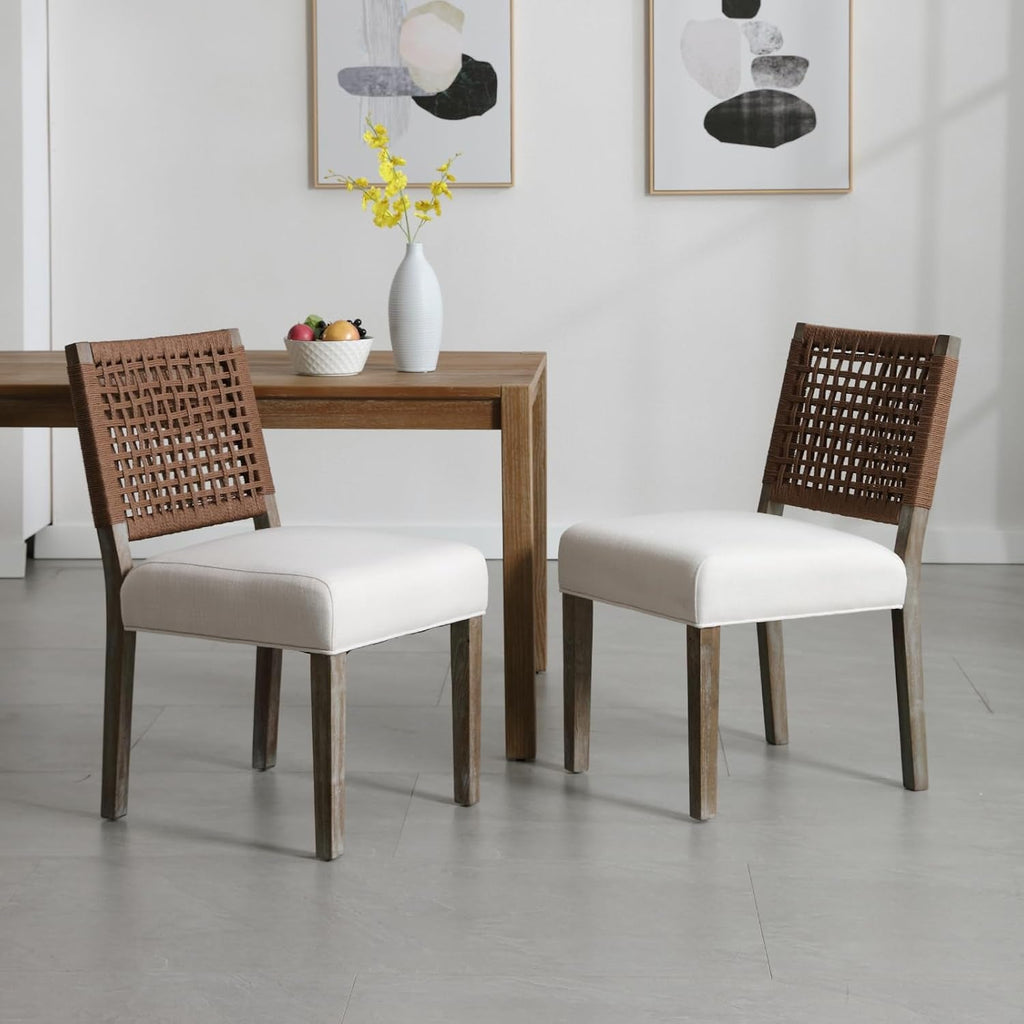 Beige Linen Upholstered Dining Chairs Midcentury Modern