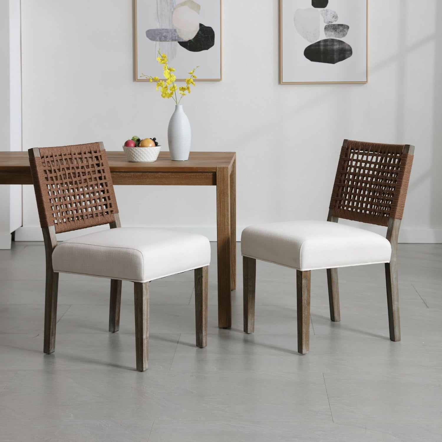 Beige Linen Upholstered Dining Chairs Midcentury Modern