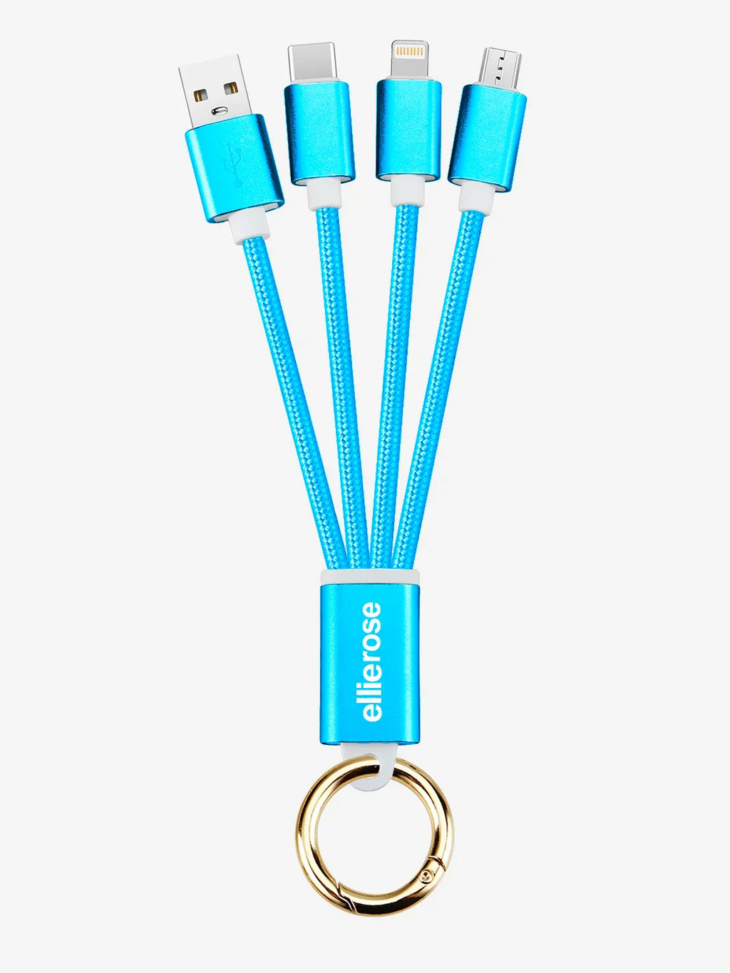 Front view of Vibrant Neon Blue 3-in-1 Charging Cable Keychain by Ellie Rose