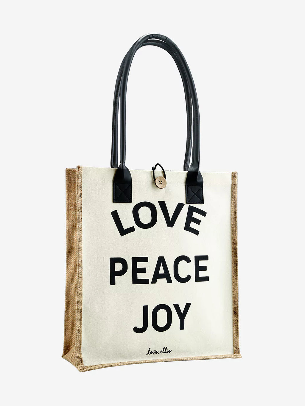 Side angle of Love Peace Joy Market Tote Bag showcasing spacious interior