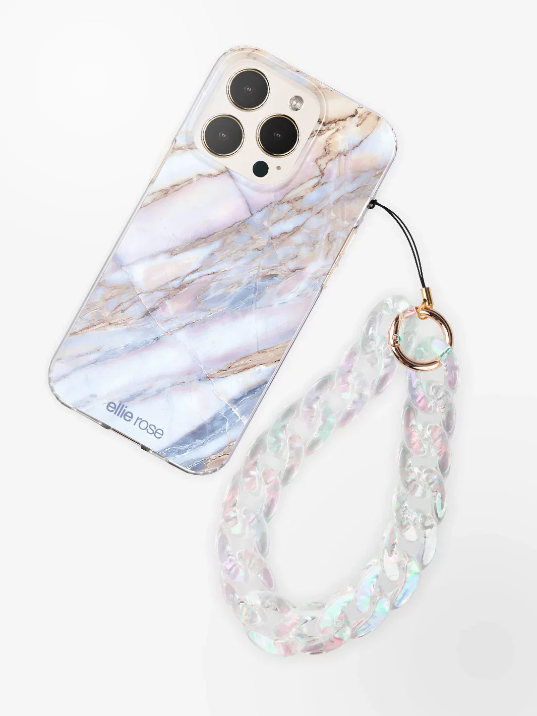 Side angle of Glamorous Holographic Phone Wristlet Charm showing gold clip