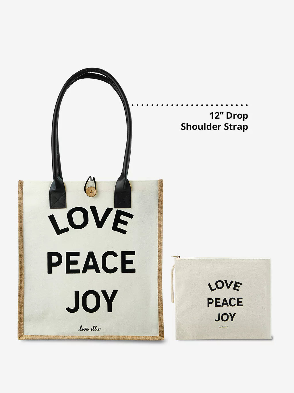 Lifestyle shot of Love Peace Joy Tote Bag at a farmers market