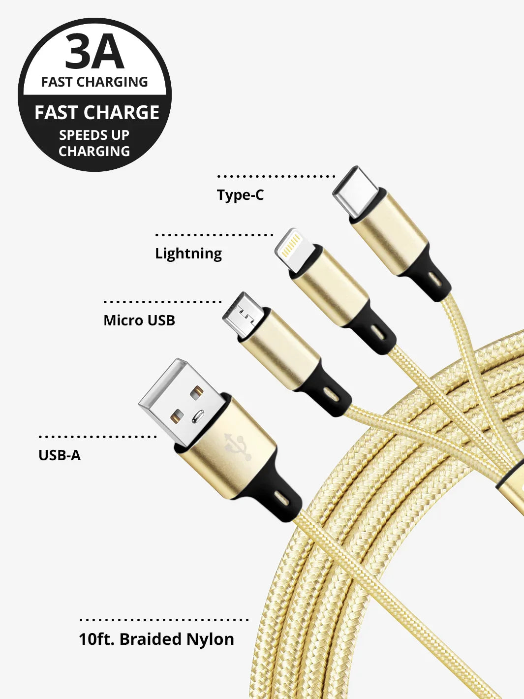 Gold 3-in-1 USB A Charging Cable elegantly displayed on a desk