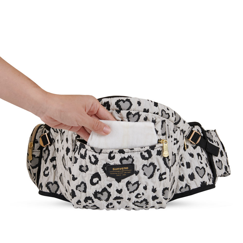 Side view of SUNVENO Baby Hipseat Carrier showcasing its trendy leopard print