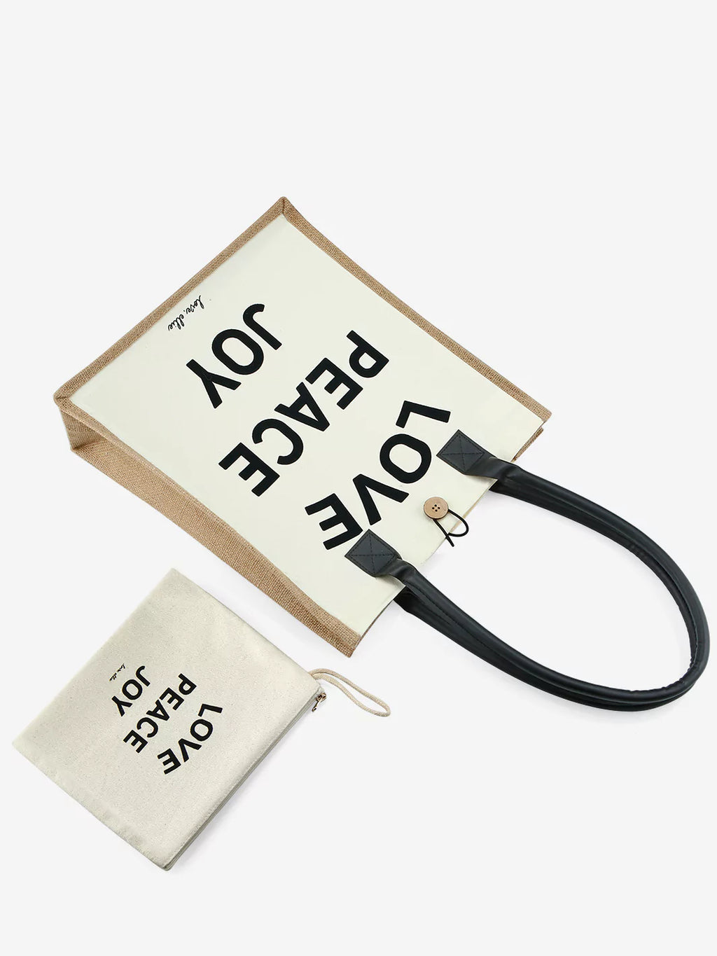 Back view of Love Peace Joy Tote Bag by Ellie Rose in everyday use