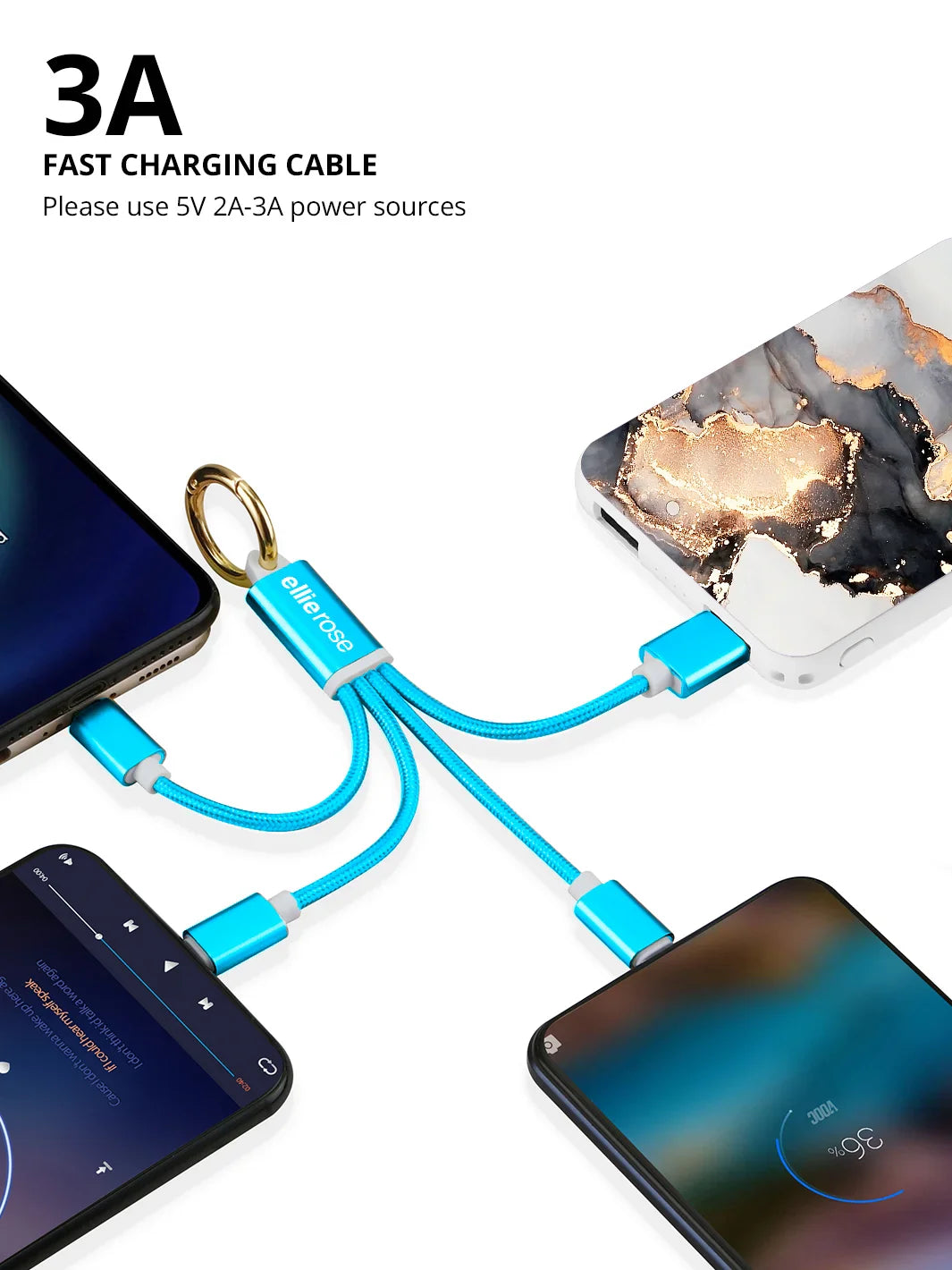 Lifestyle image of Neon Blue 3-in-1 Charging Cable Keychain in use