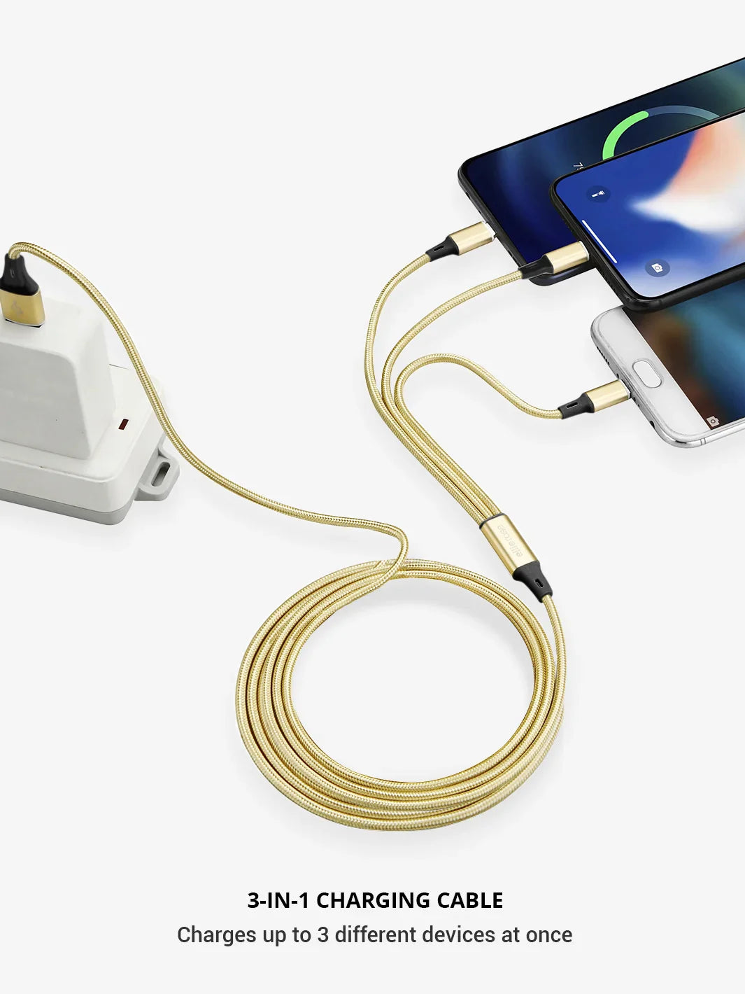 Close-up of connectors on Gold 3-in-1 Charging Cable by Ellie Rose