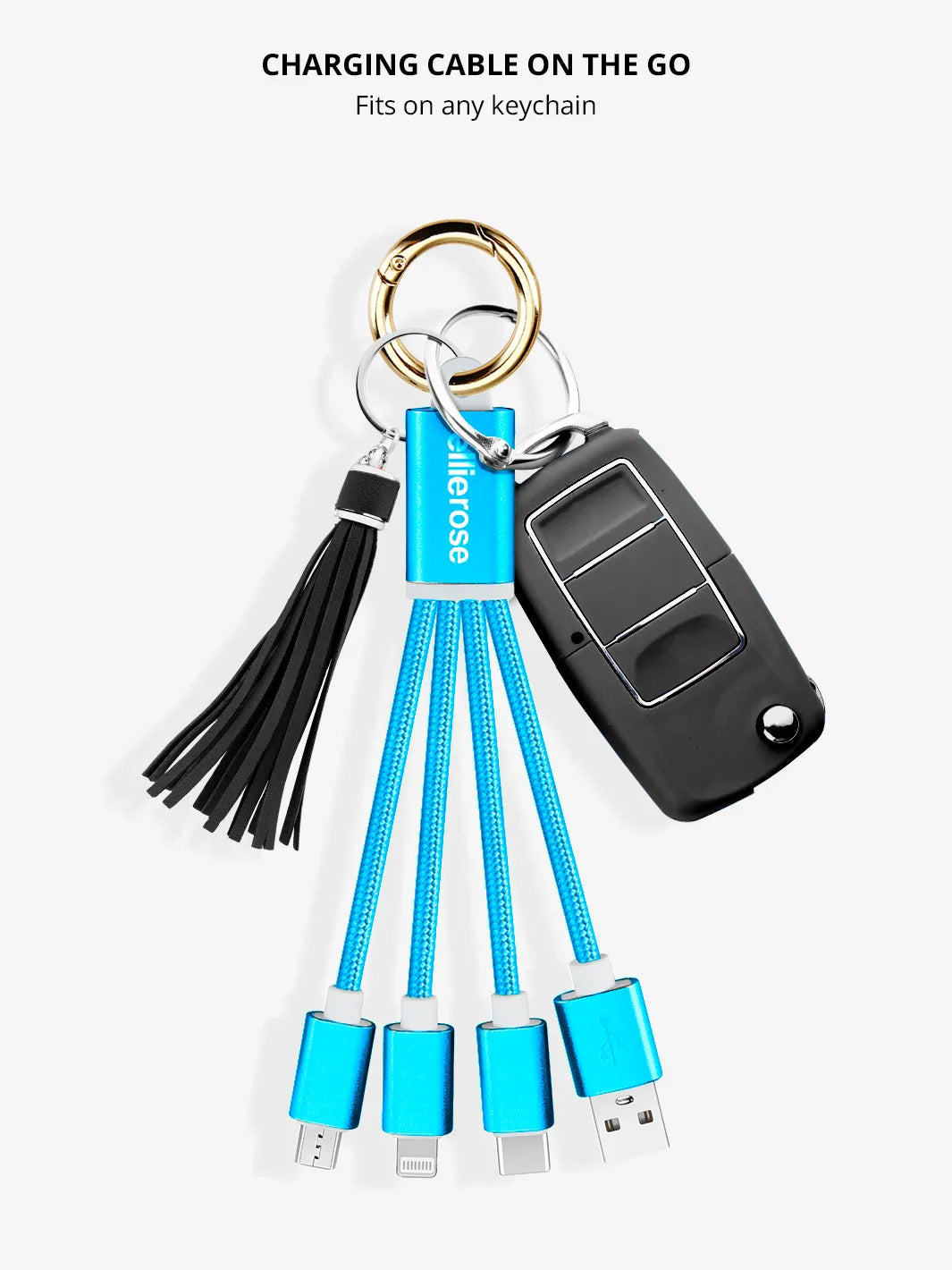 Flat lay of Vibrant Neon Blue 3-in-1 Charging Cable Keychain with accessories