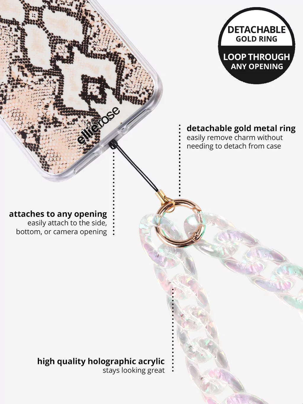 Elegant presentation of Glamorous Holographic Phone Wristlet Charm by Ellie Rose
