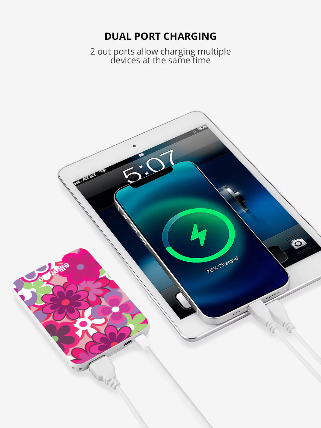 Back view of Vibrant Floral Power Bank demonstrating portability