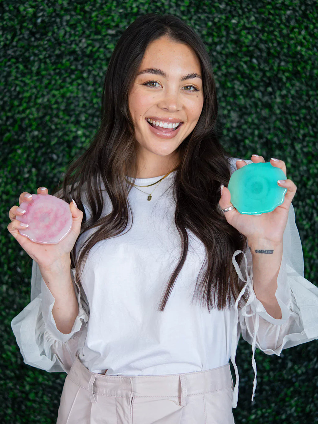 Side view of the Aqua Crystal Holographic Wireless Charger showcasing colors