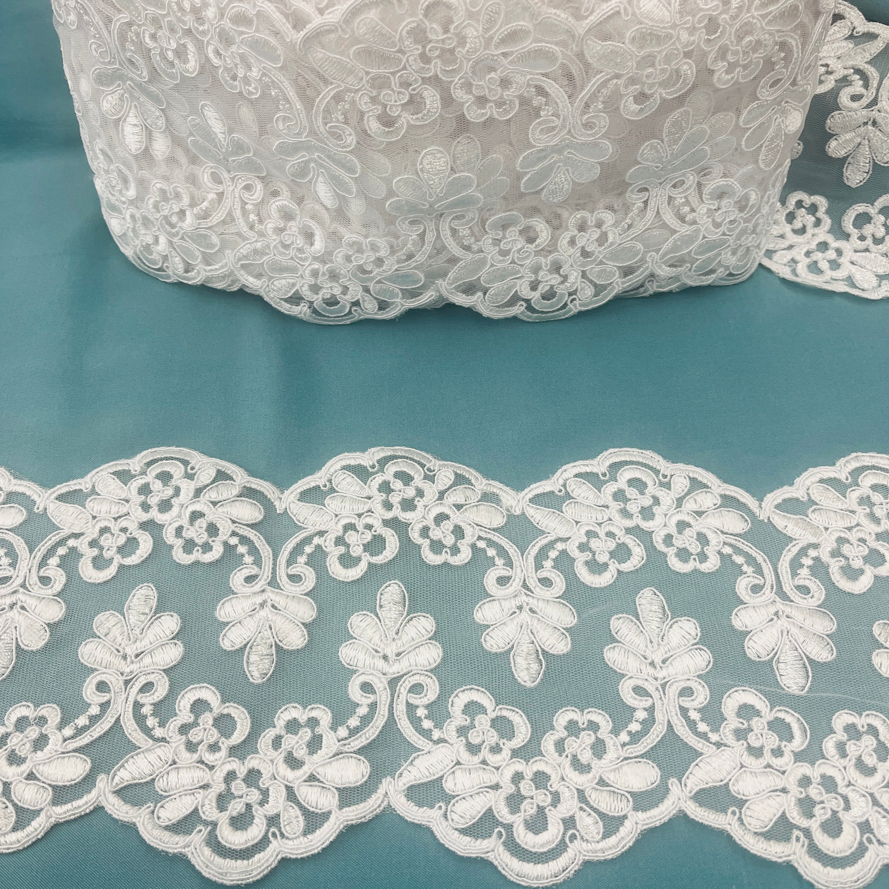 Detailed floral and leaf motifs of Lace Trim in sunlight