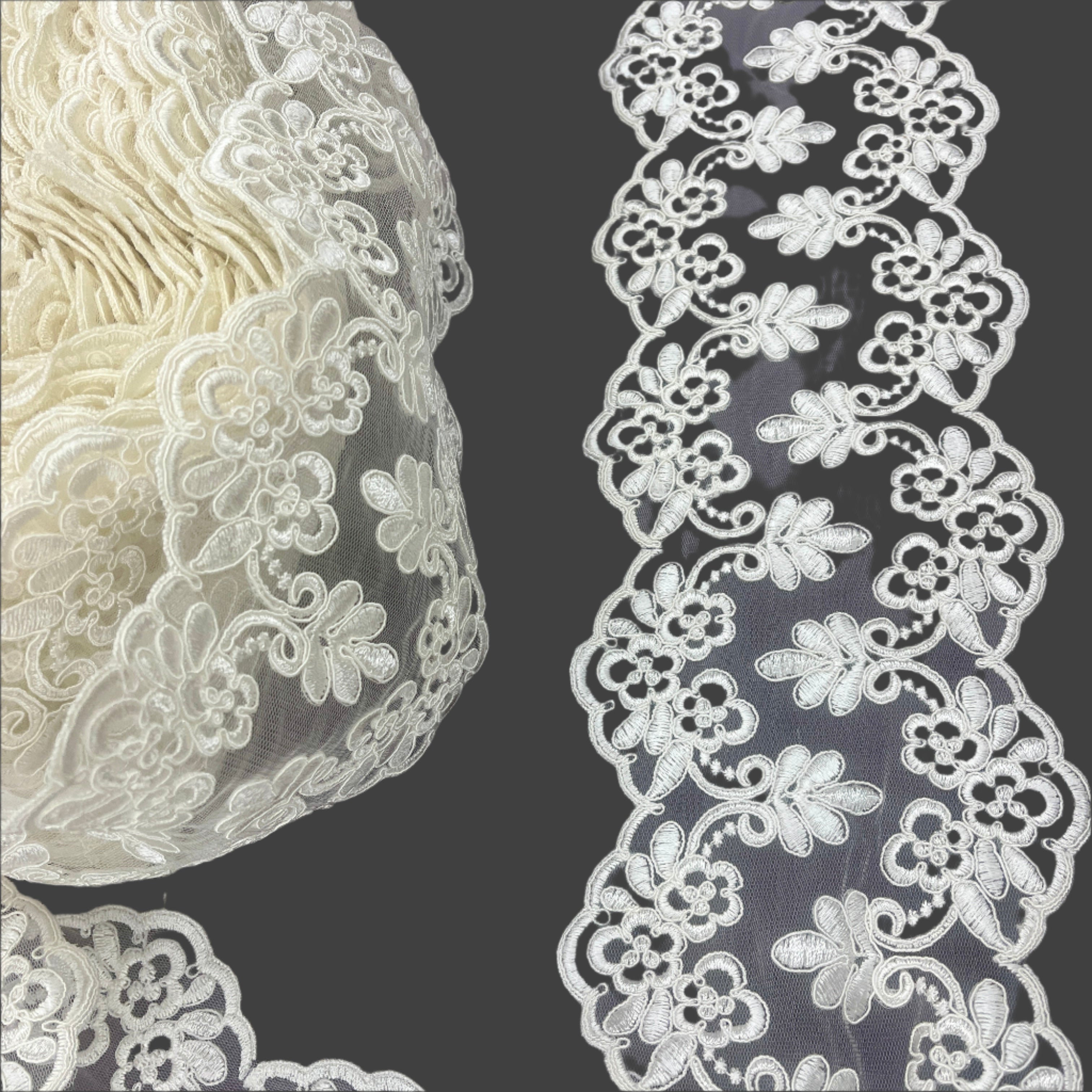 Front view of Elegant Double-Sided Floral Lace Trim by Lace USA