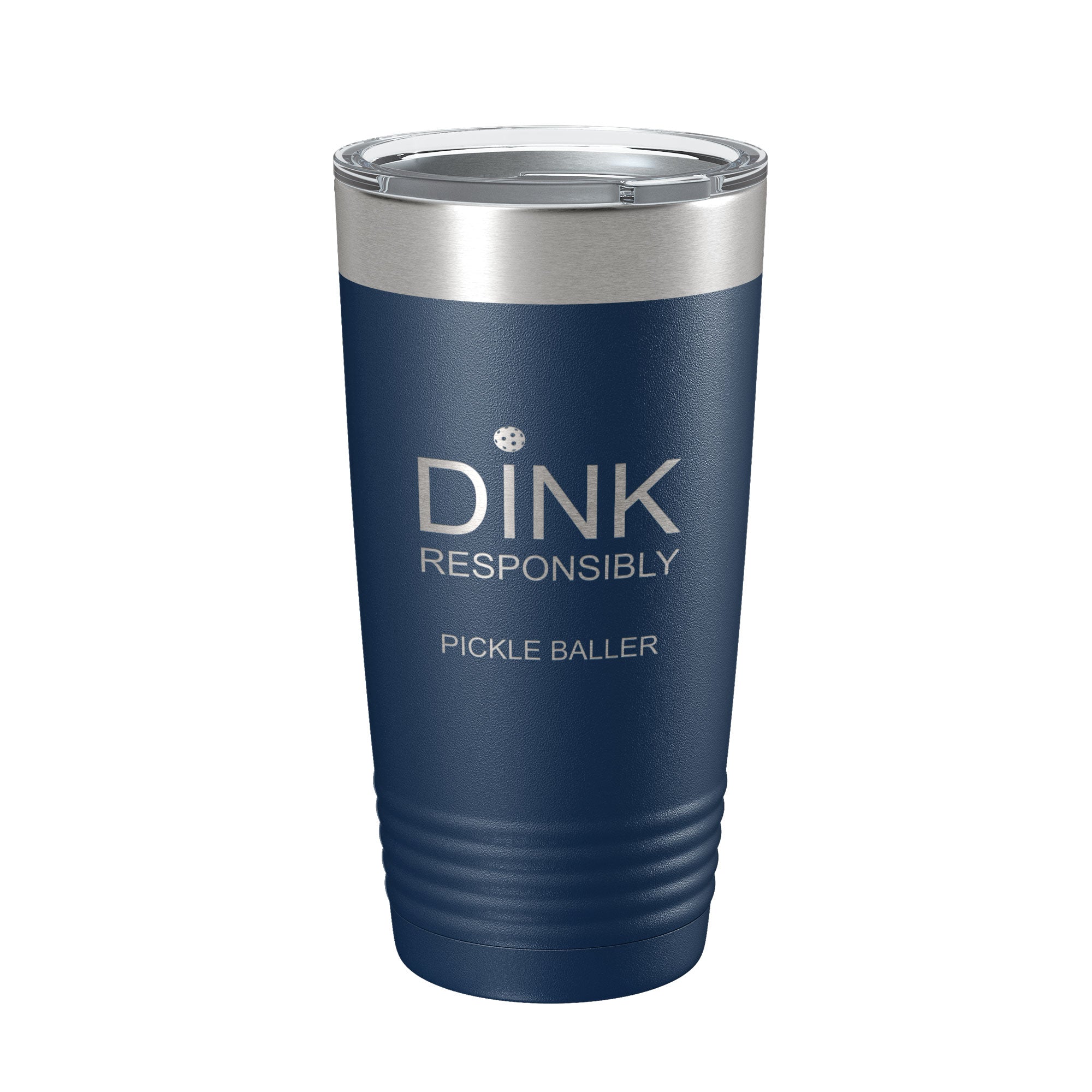 Side view of Dink Responsibly 20 oz Insulated Pickleball Tumbler in stainless steel