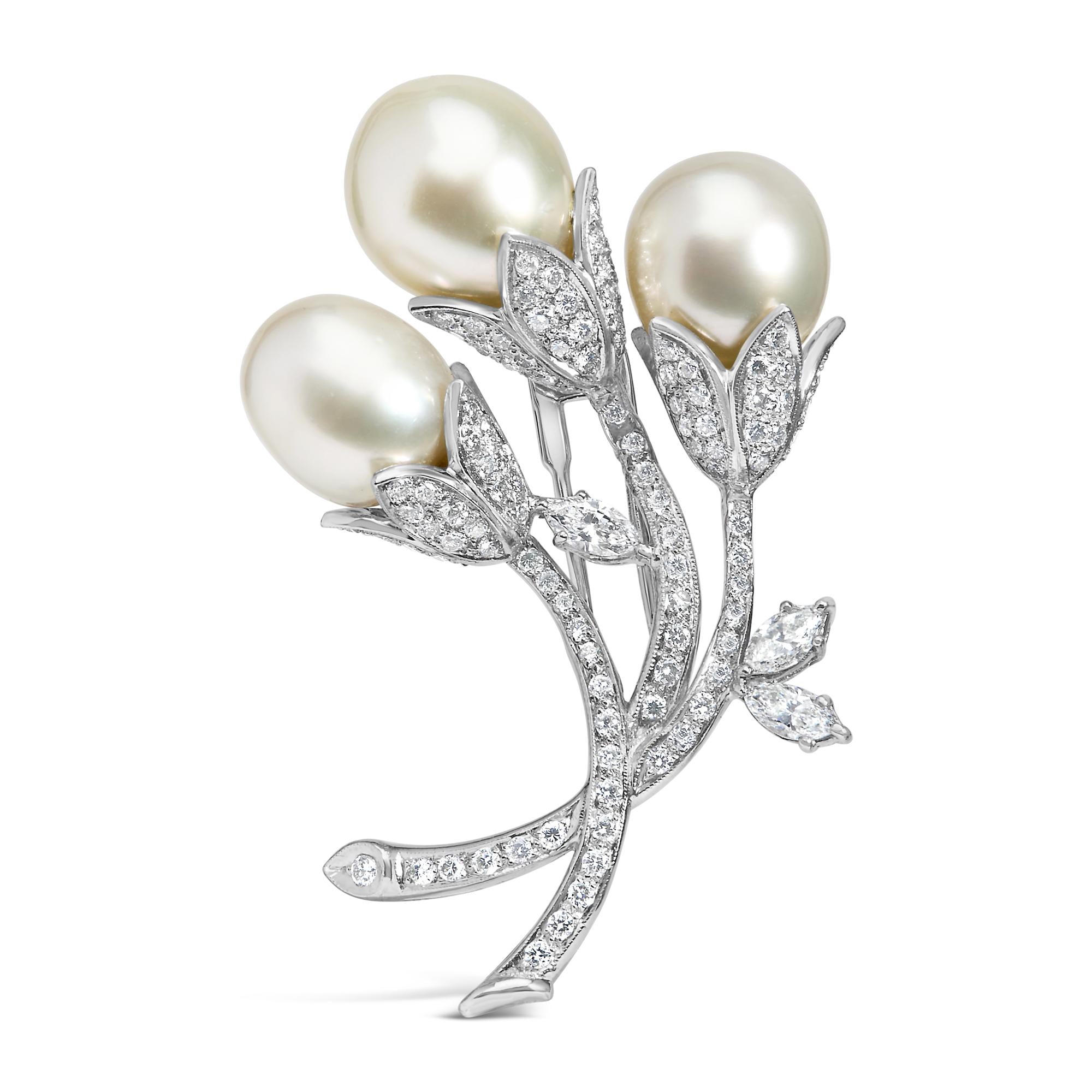 Side view of the stunning 18K White Gold Floral Brooch adorned with diamonds