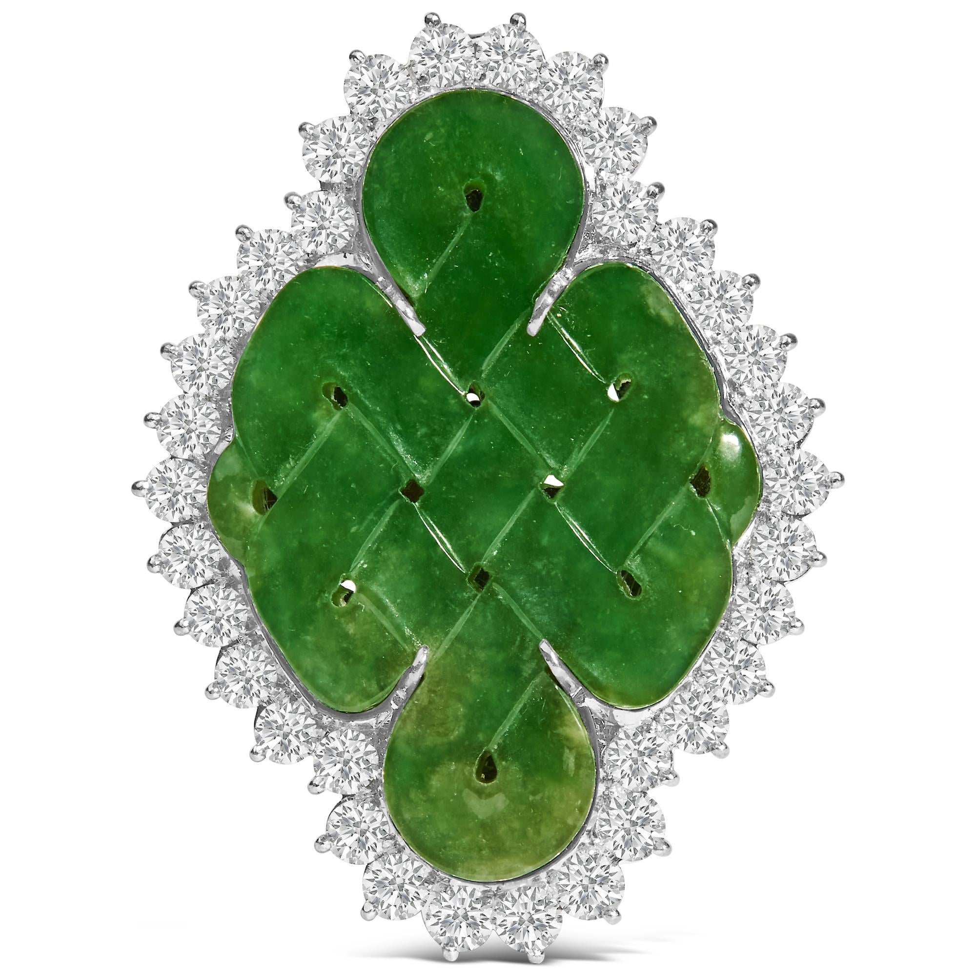 Elegant display of 18K White Gold Jade Shield Diamond Halo Brooch Pendant on velvet