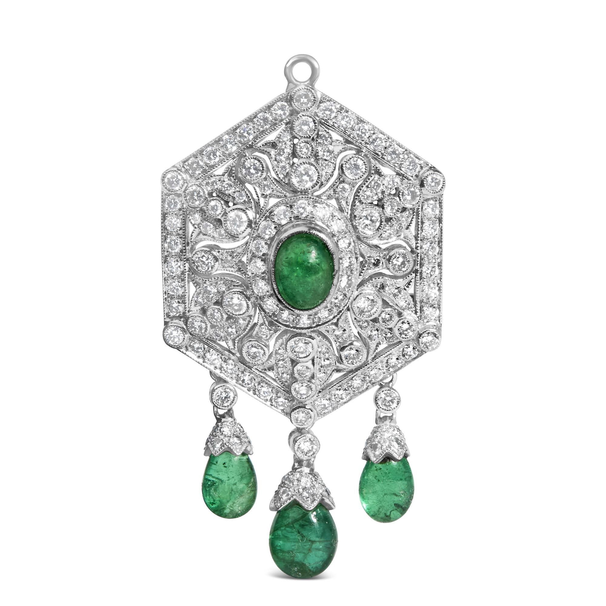 Elegant front view of 18K Art Deco Diamond & Emerald Brooch Pendant