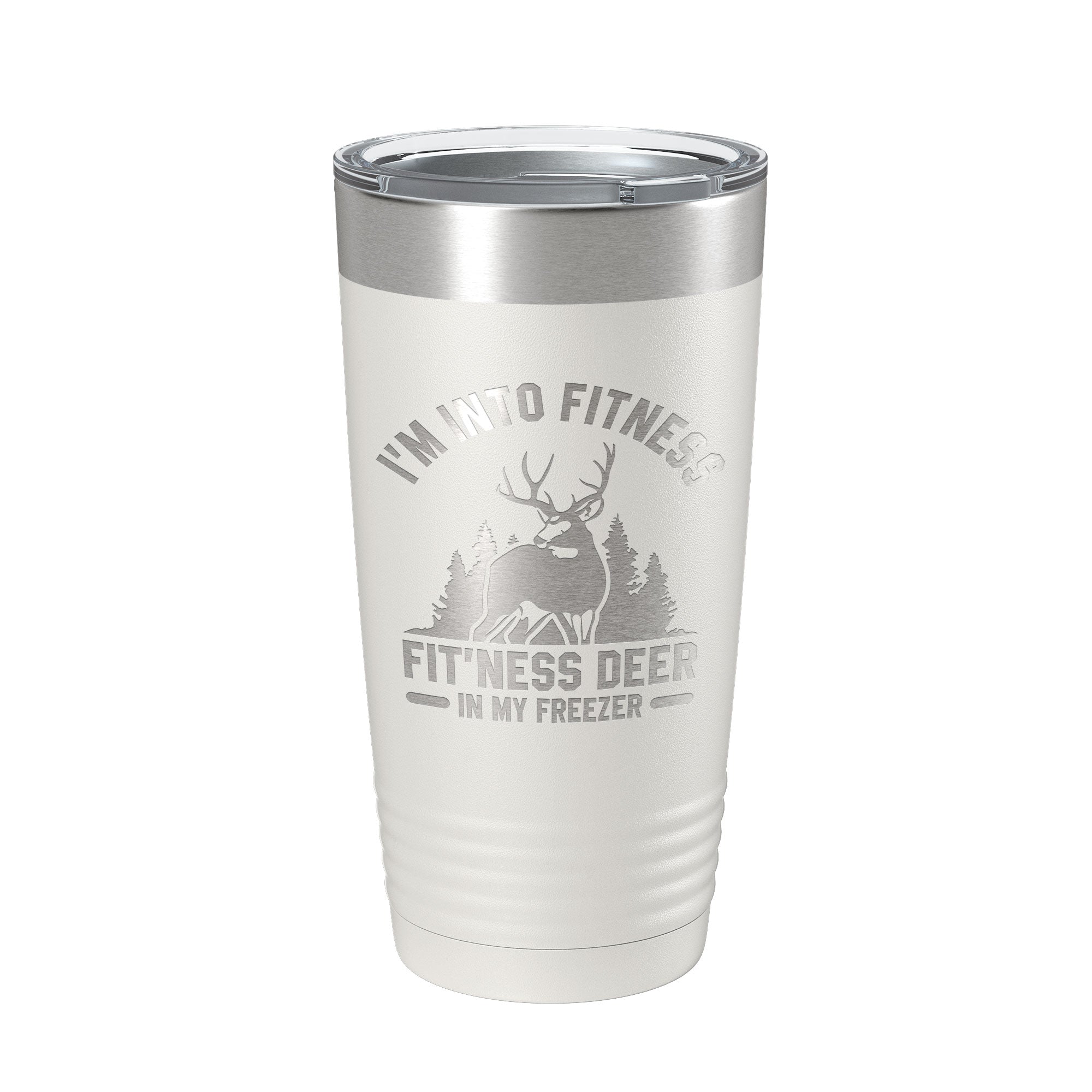 Funny Deer Hunter Travel Mug on a picnic blanket with snacks