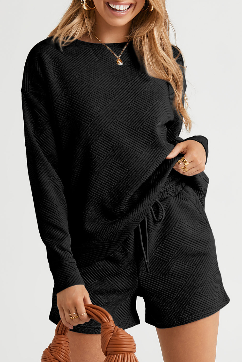 Cozy Adalyn Luxe Long Sleeve Top & Drawstring Shorts Ensemble