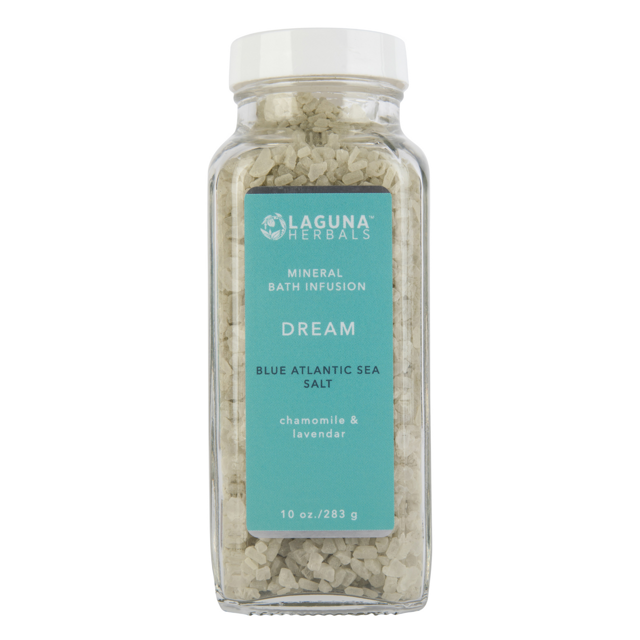Relaxing bath scene featuring Laguna Herbals Dream Mineral Bath Salt with lavender flowers