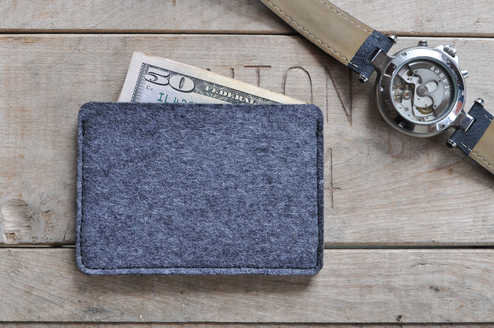 Elegant front view of Wool Felt & Leather Card Case by Kiko