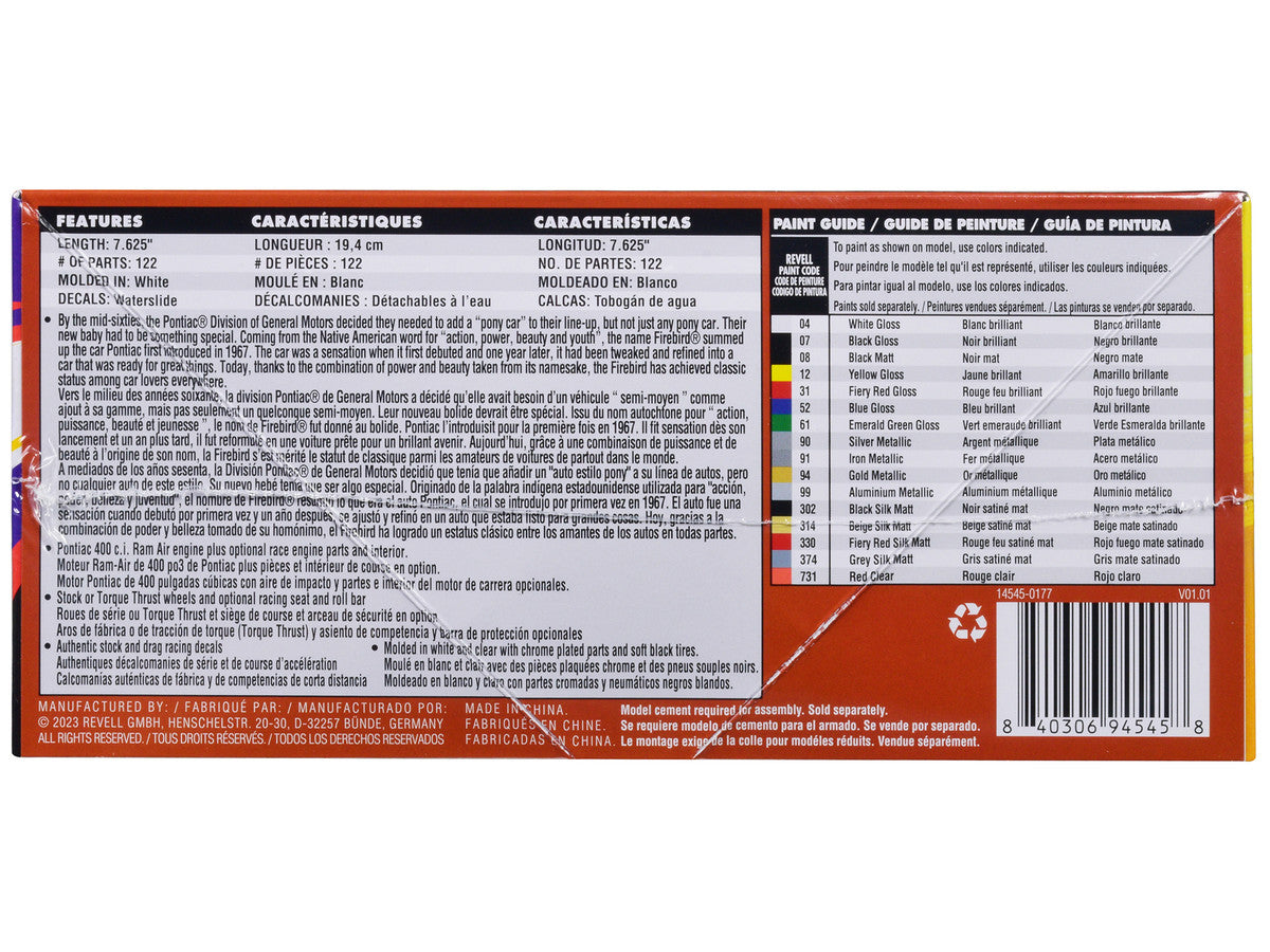 Close-up of colorful decals for Revell 1968 Pontiac Firebird 400