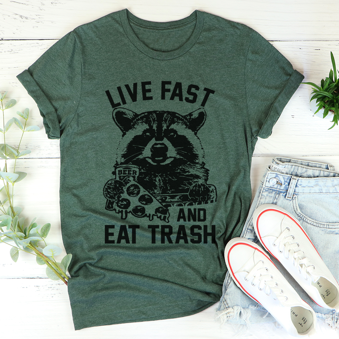 Front view of Live Fast And Eat Trash T-Shirt in vibrant colors by MerchMallow