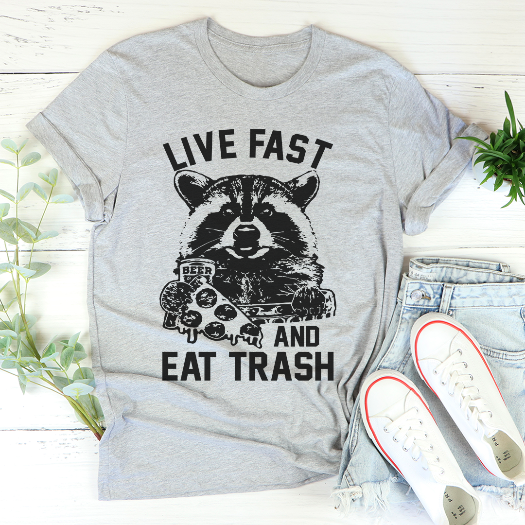Close-up of the fabric texture of Live Fast And Eat Trash T-Shirt by MerchMallow