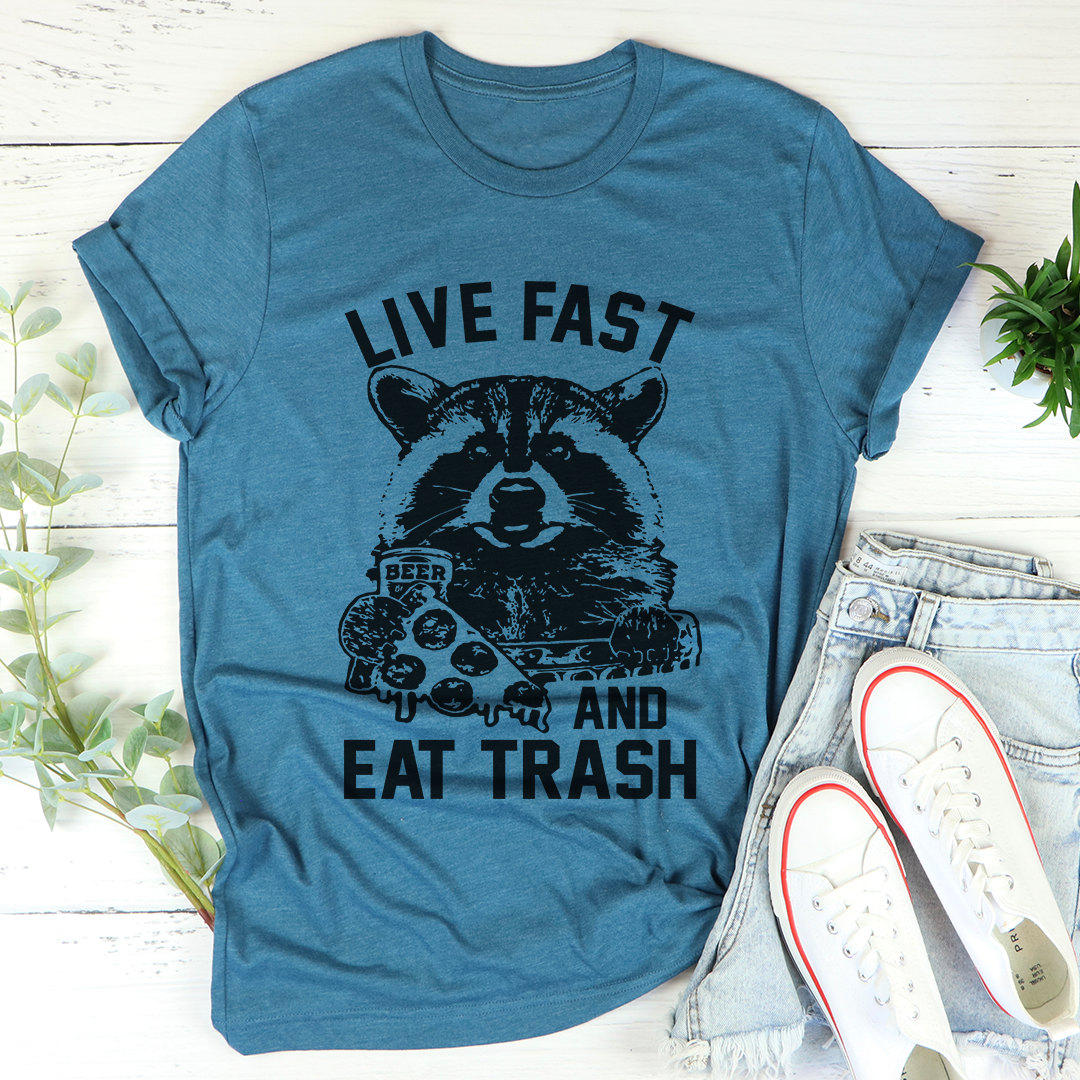 Back view of Live Fast And Eat Trash T-Shirt showcasing unique graphics