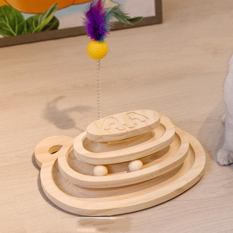 Interactive Wooden Cat Scratcher Maze Ball Toy in a playful cat setup
