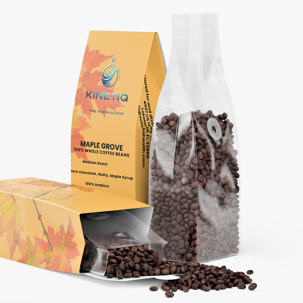 Maple Grove Medium Roast Coffee packaging on a wooden table