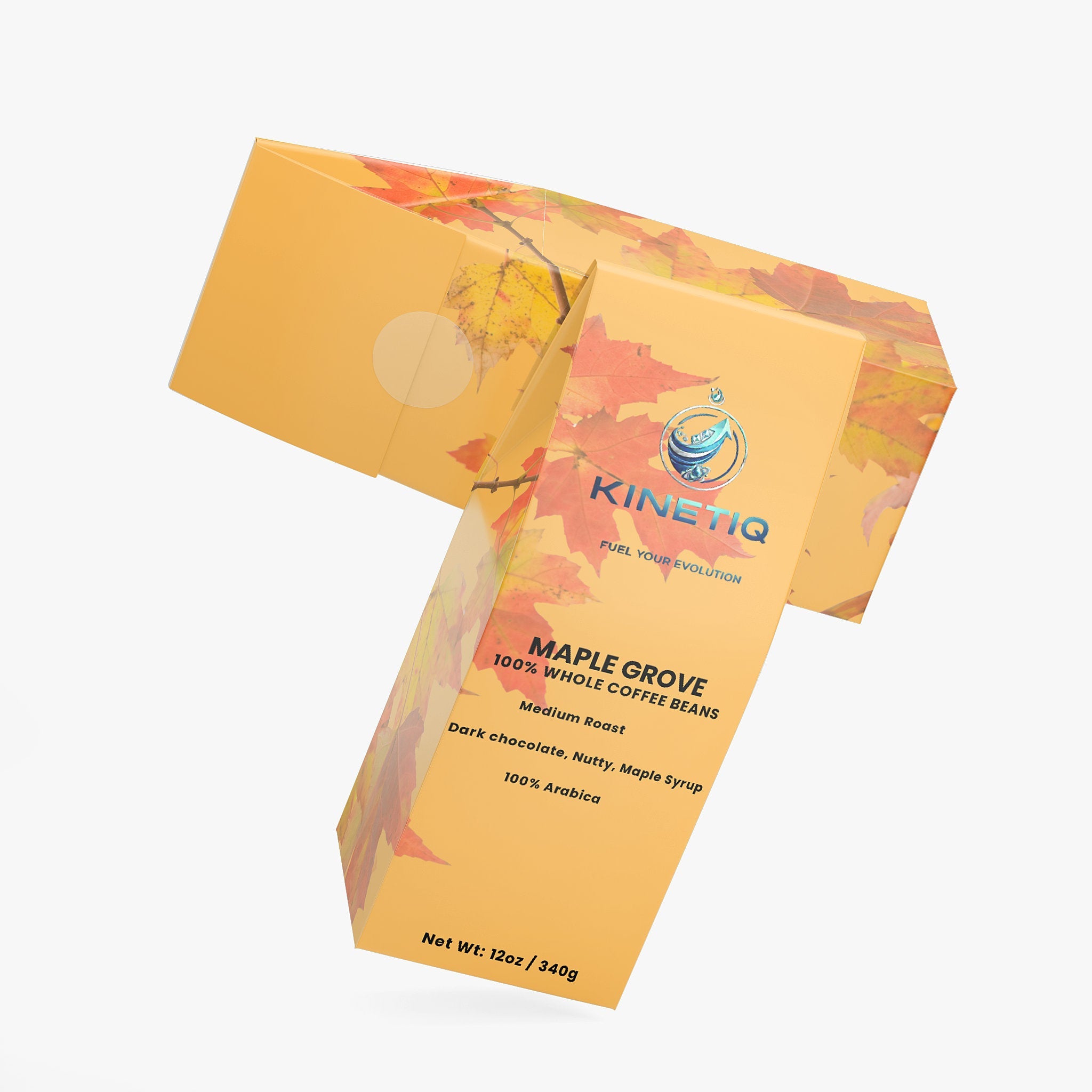 Maple Grove Medium Roast Coffee beans spilling from a bag