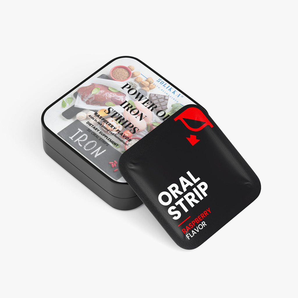 Close-up of Solikka Raspberry Iron Strip dissolving in mouth