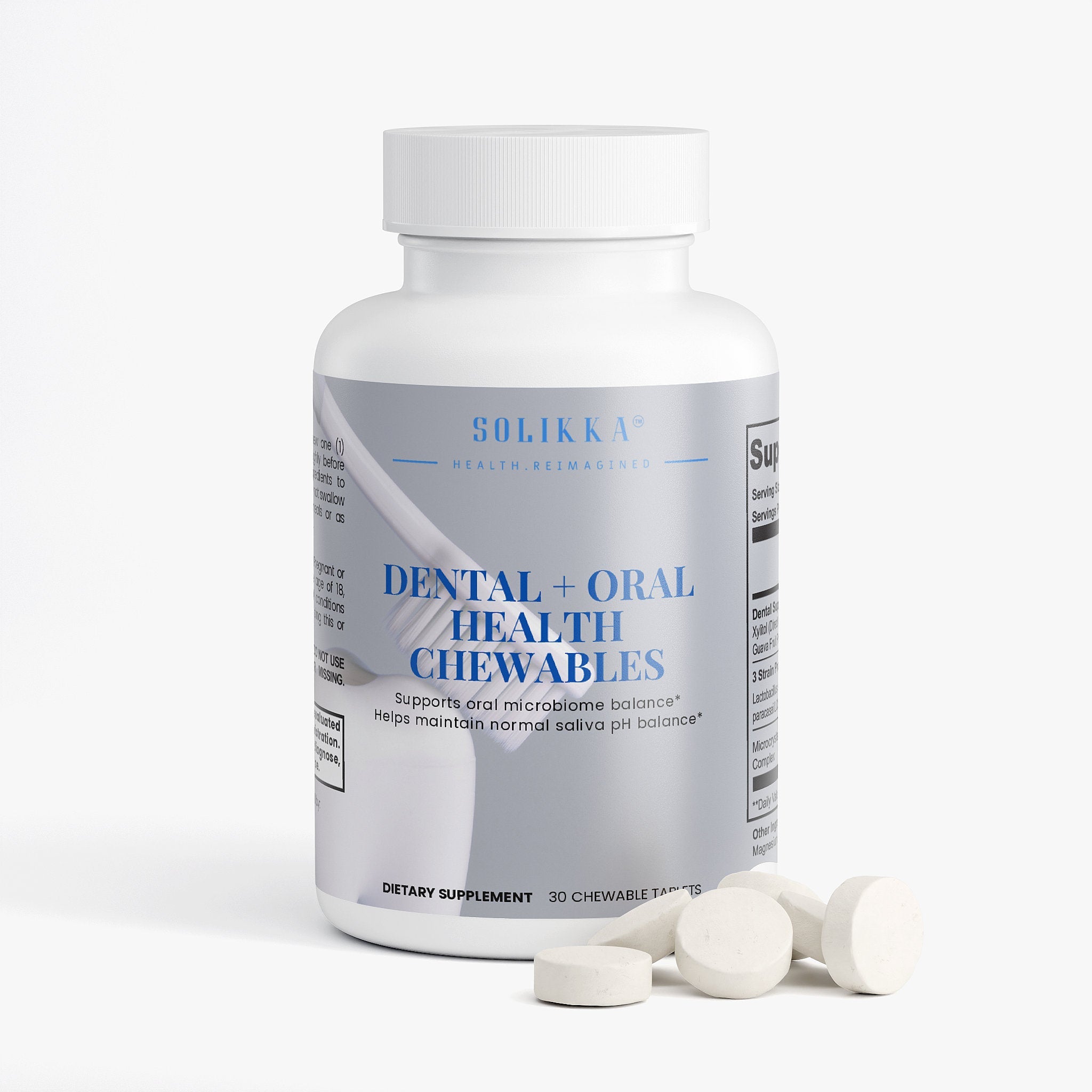 Packaging of Solikka Natural Dental Chewables in a bright kitchen