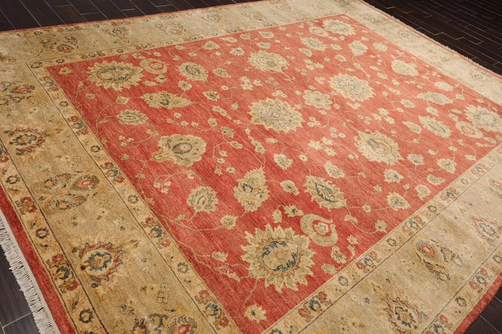 9'1'' x 12' Hand Knotted Wool Vegetable dyes Peshawar Oriental Area Rug Coral