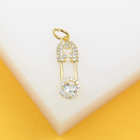 Elegant 18K Gold Filled CZ Safety Pin Pendant Charm by MIA Jewelry front view