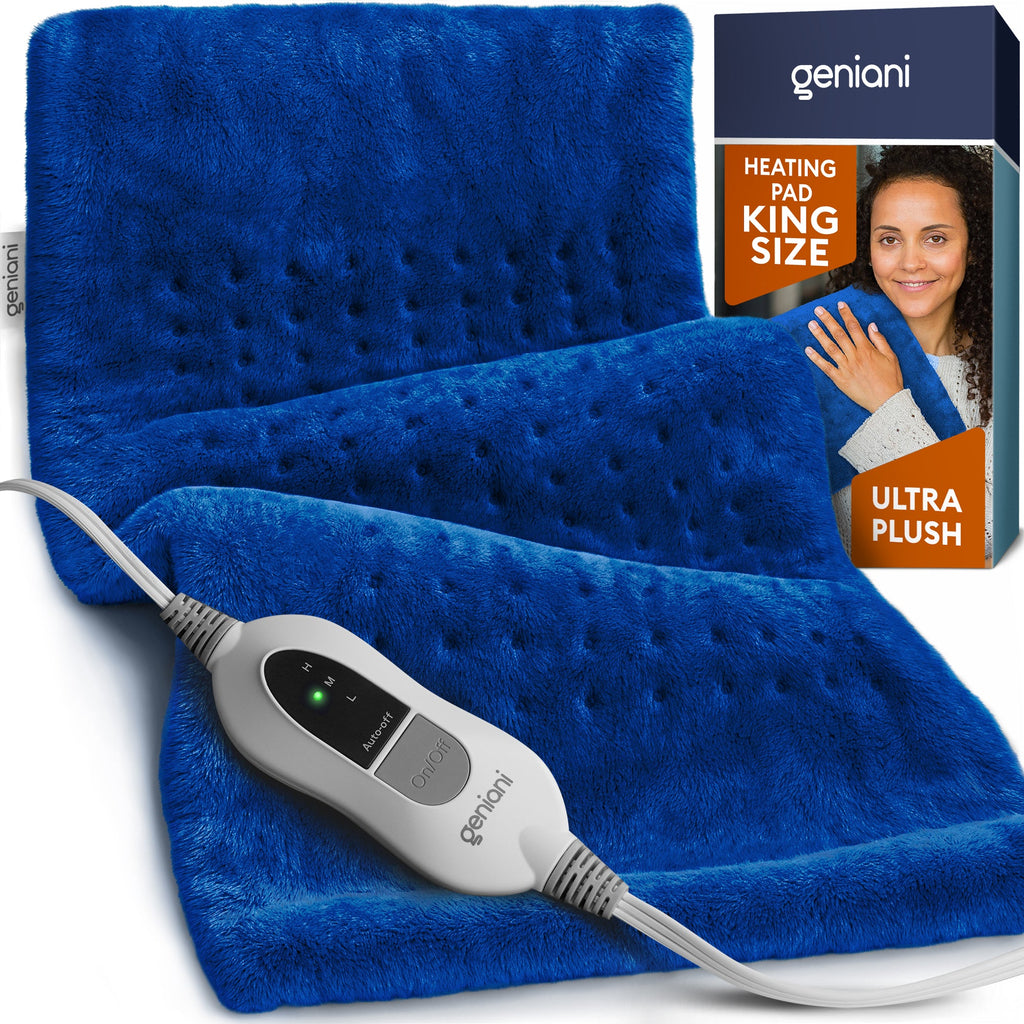 Geniani Extra Large Space Blue Heating Pad draped over a shoulder