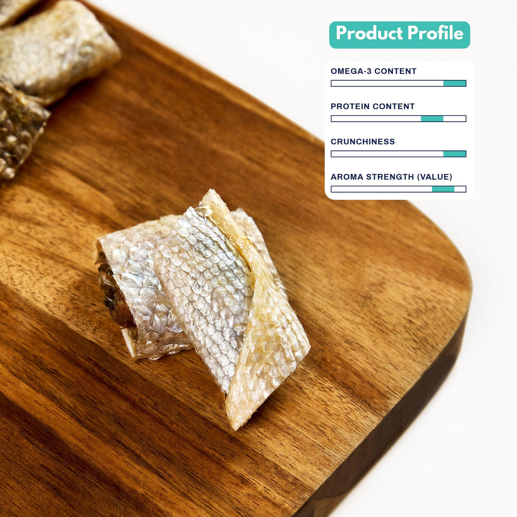 Dog enjoying a crunchy salmon skin treat from Alfie's Treatos