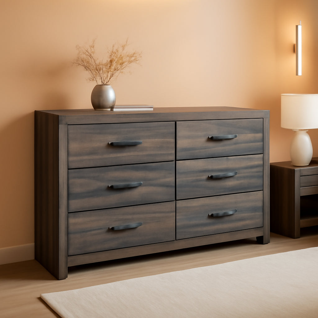 Rusticated Six Drawer Dresser Weathered Brown Bedroom