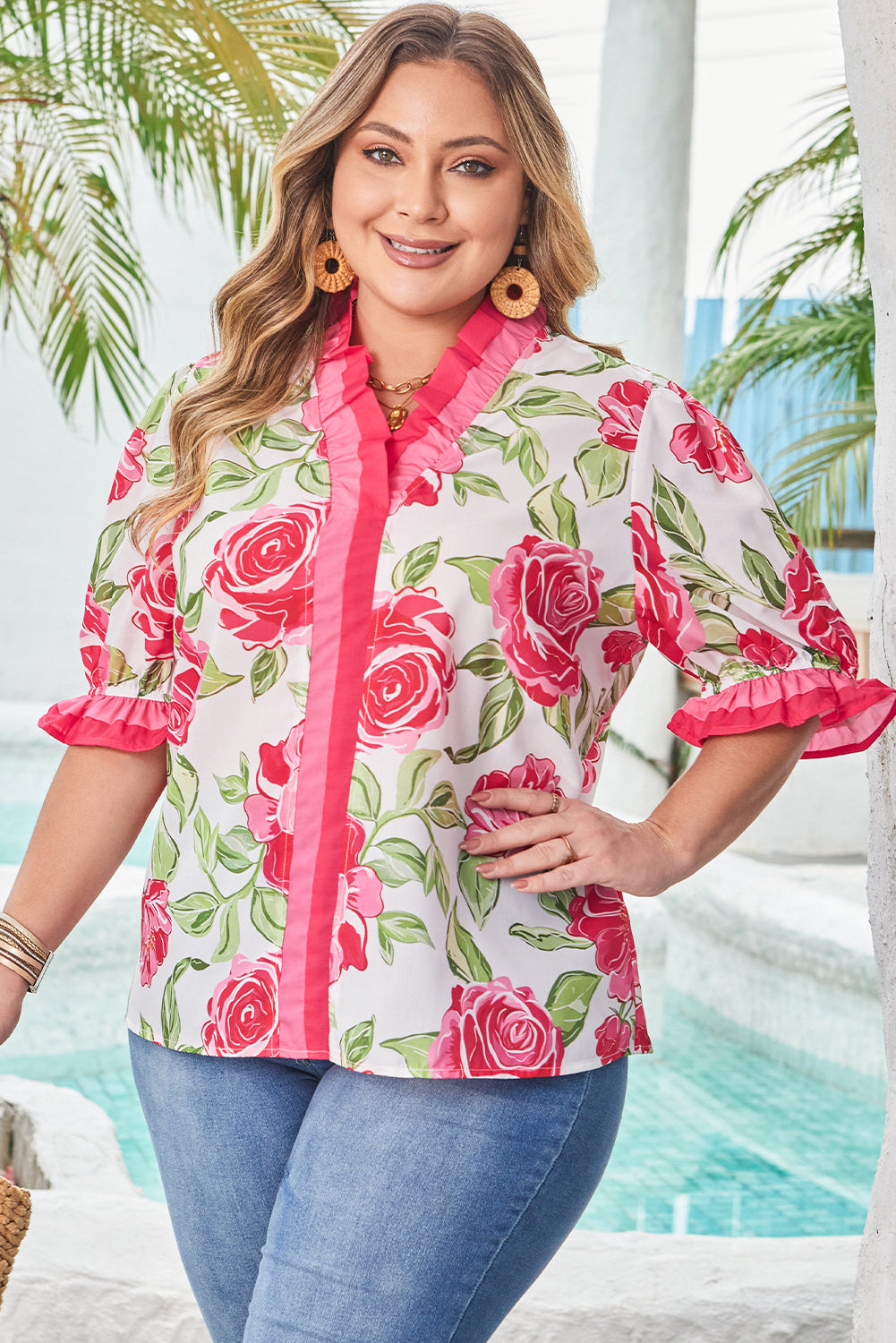Model wearing Elise Plus Size Floral Blouse in casual setting by Threaded Pear