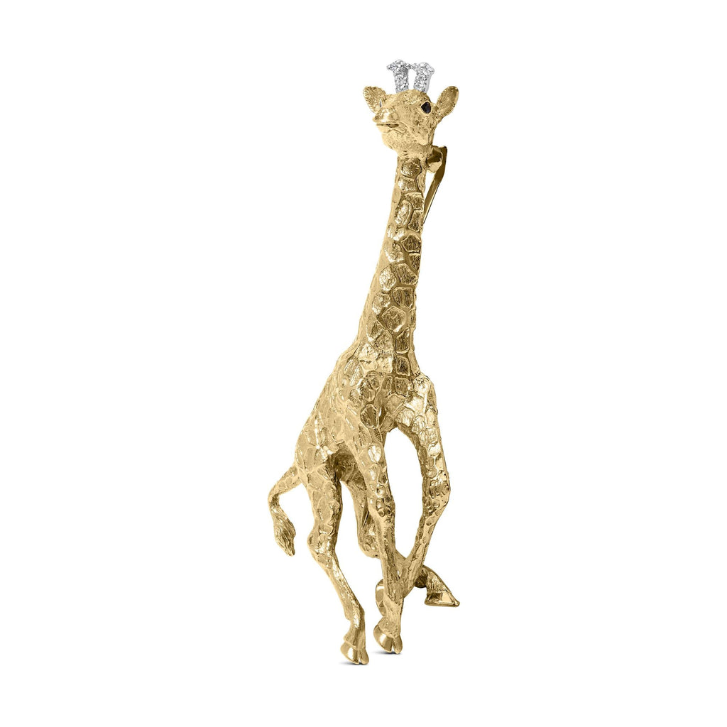 Side view of 18K Yellow Gold Giraffe Brooch showcasing sapphire details