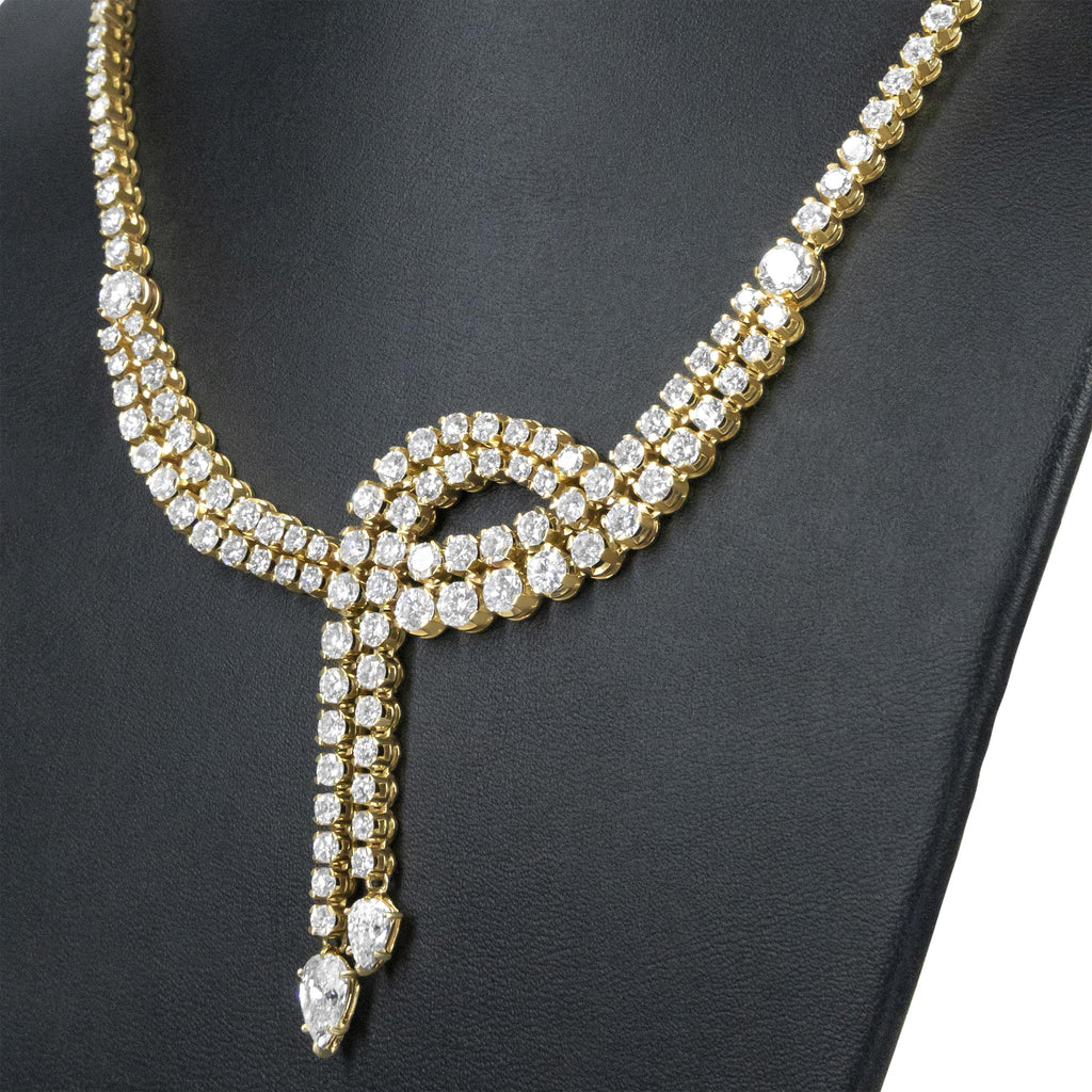 Close-up of stunning diamonds on 14k Yellow Gold Lariat Necklace