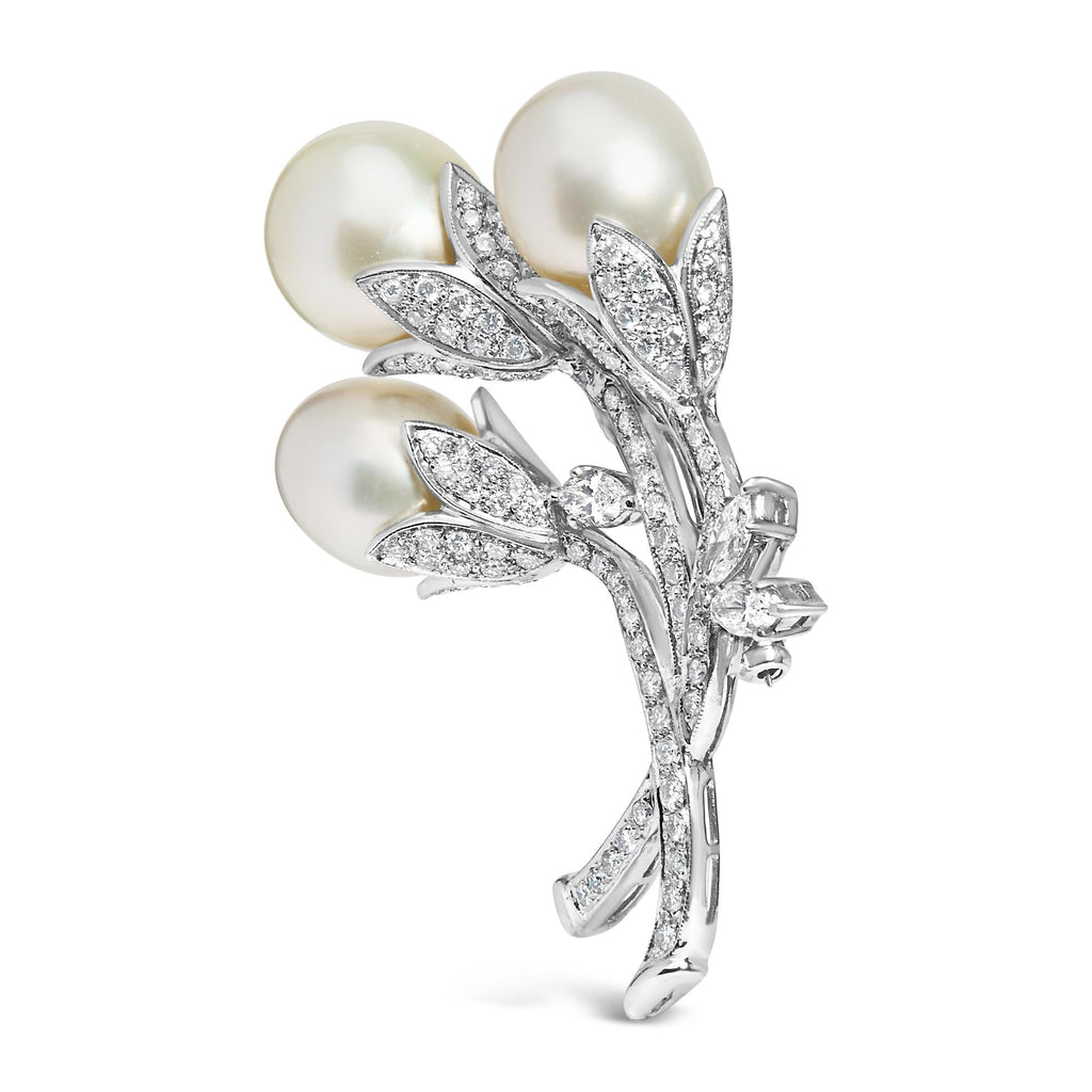 Detailed craftsmanship of 18K White Gold Floral Brooch featuring South Sea Pearls