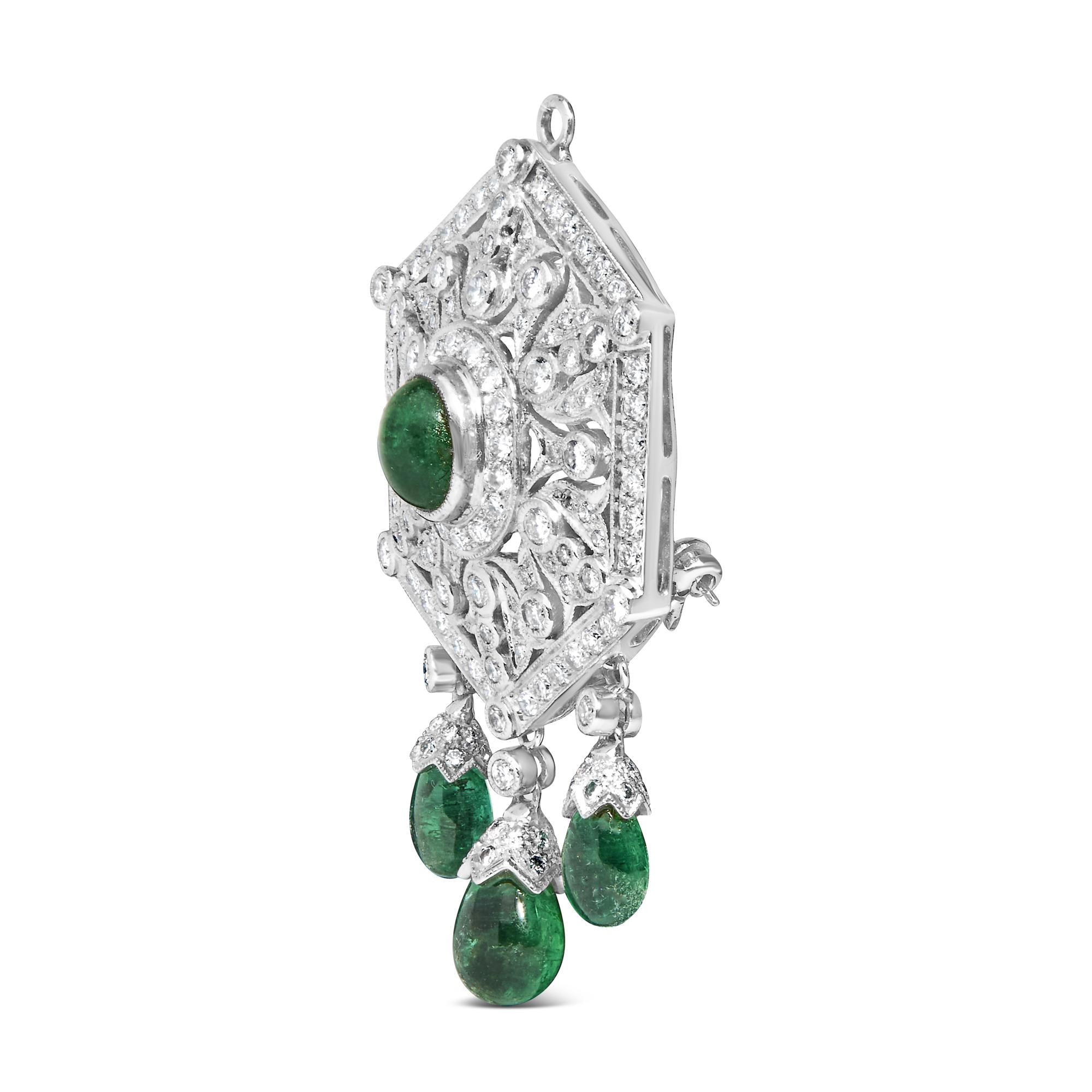 Side angle showcasing the intricate design of the 18K Diamond & Emerald Brooch