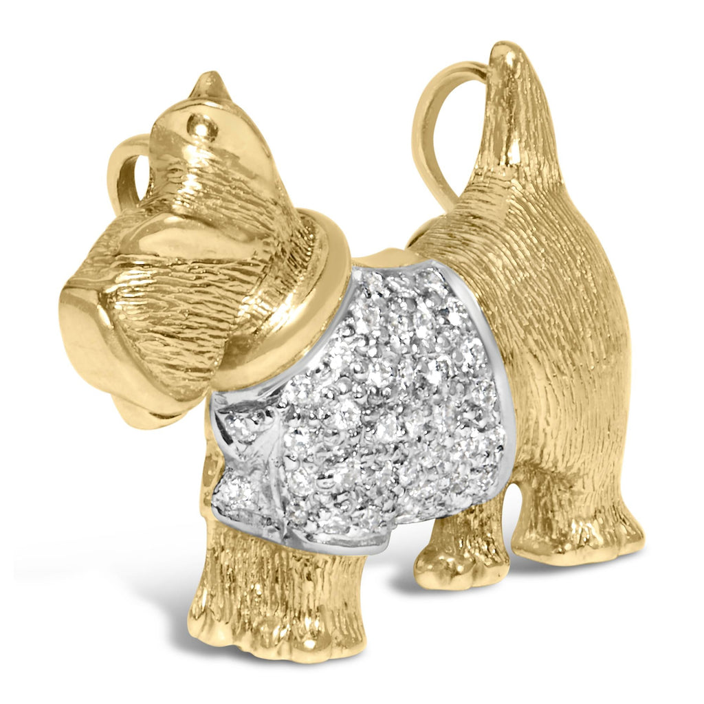 Side angle of 18K Yellow Gold Scottish Terrier Diamond Brooch showcasing diamond details