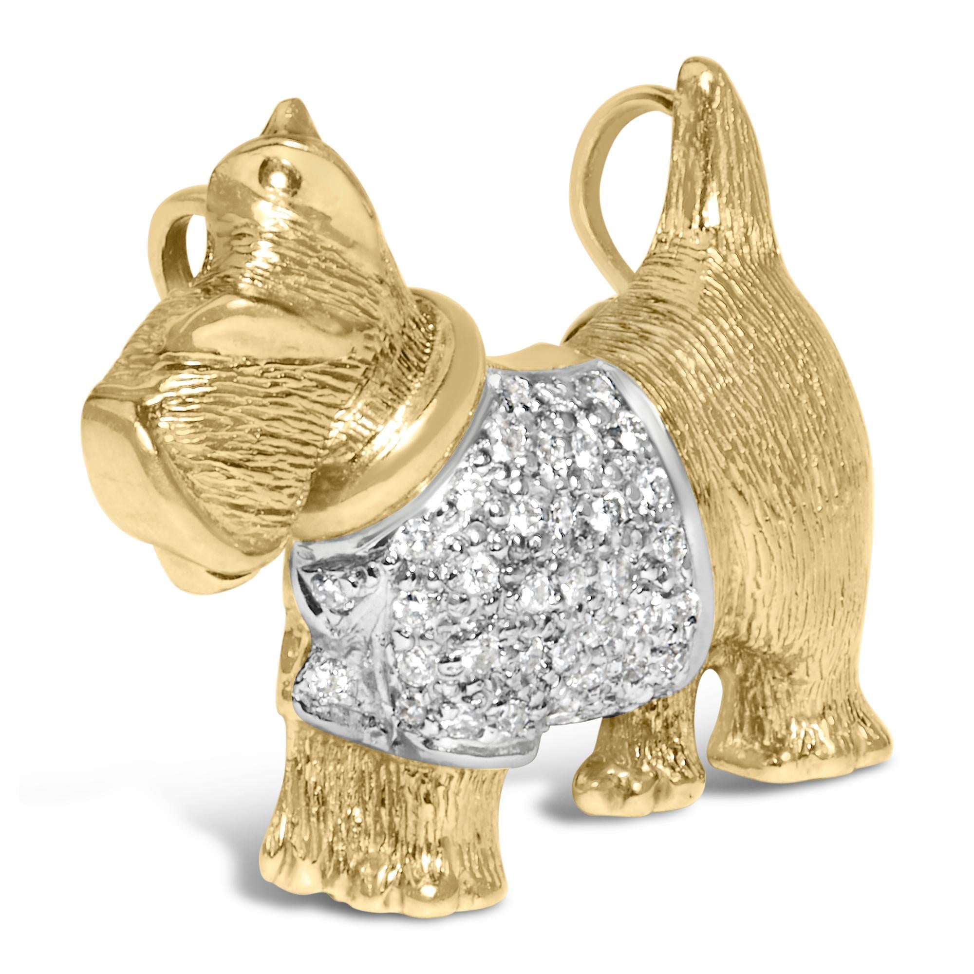 Side angle of 18K Yellow Gold Scottish Terrier Diamond Brooch showcasing diamond details