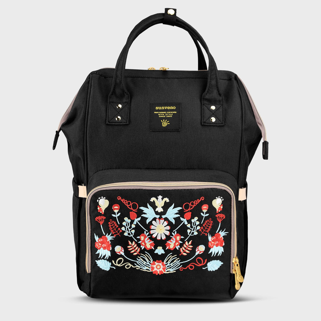 Front view of SUNVENO Flower-Embroidered Diaper Backpack in stylish design