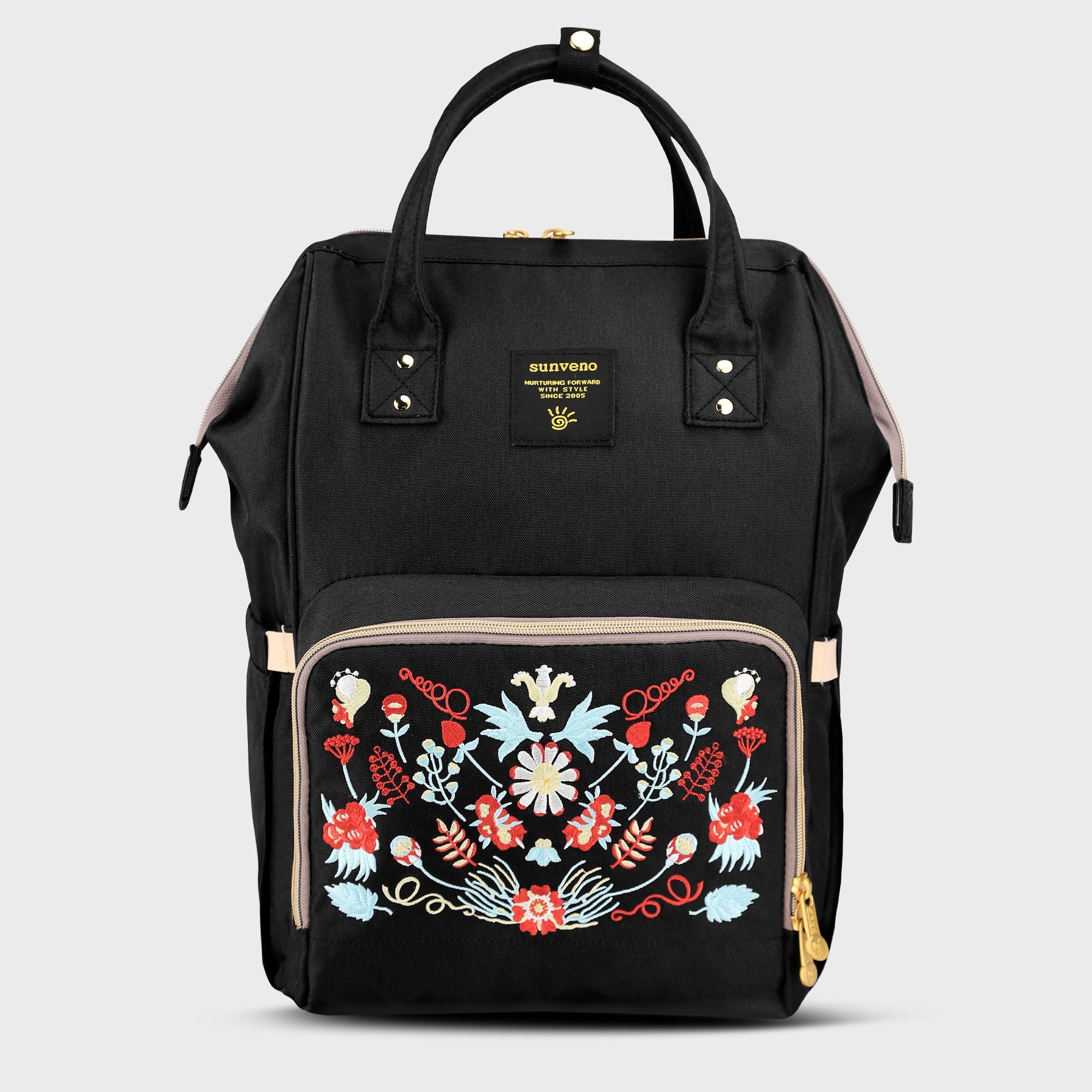 Front view of SUNVENO Flower-Embroidered Diaper Backpack in stylish design