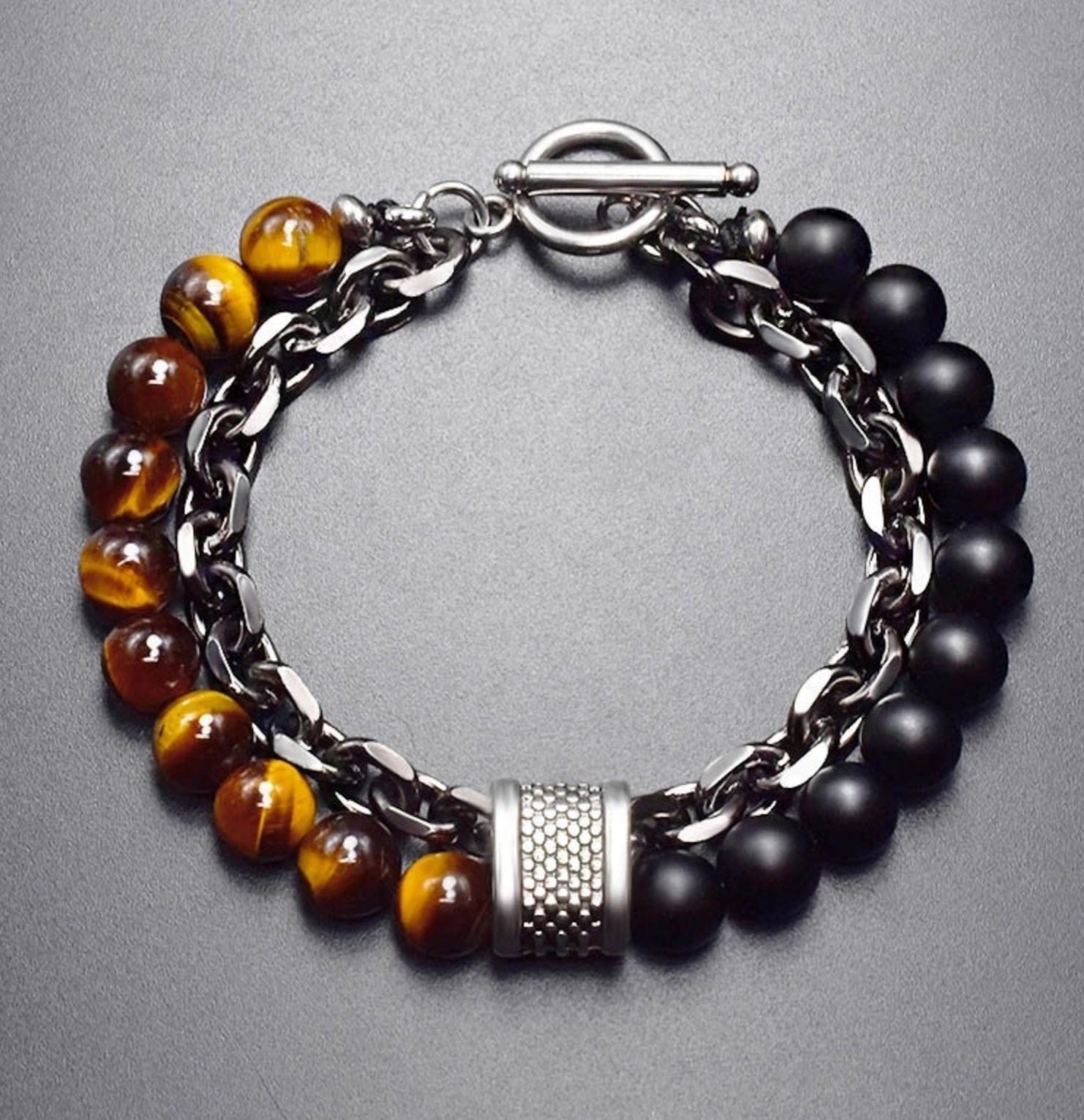 Lifestyle shot of Men's Elegant Bead and Chain Bracelet worn on wrist