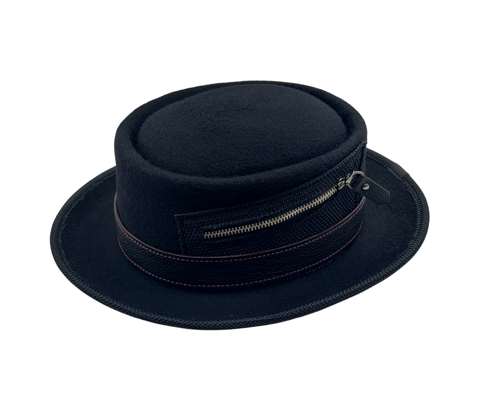 Front view of Aston Custom Zipper Pork Pie Hat in premium wool by Scarves & Fedoras